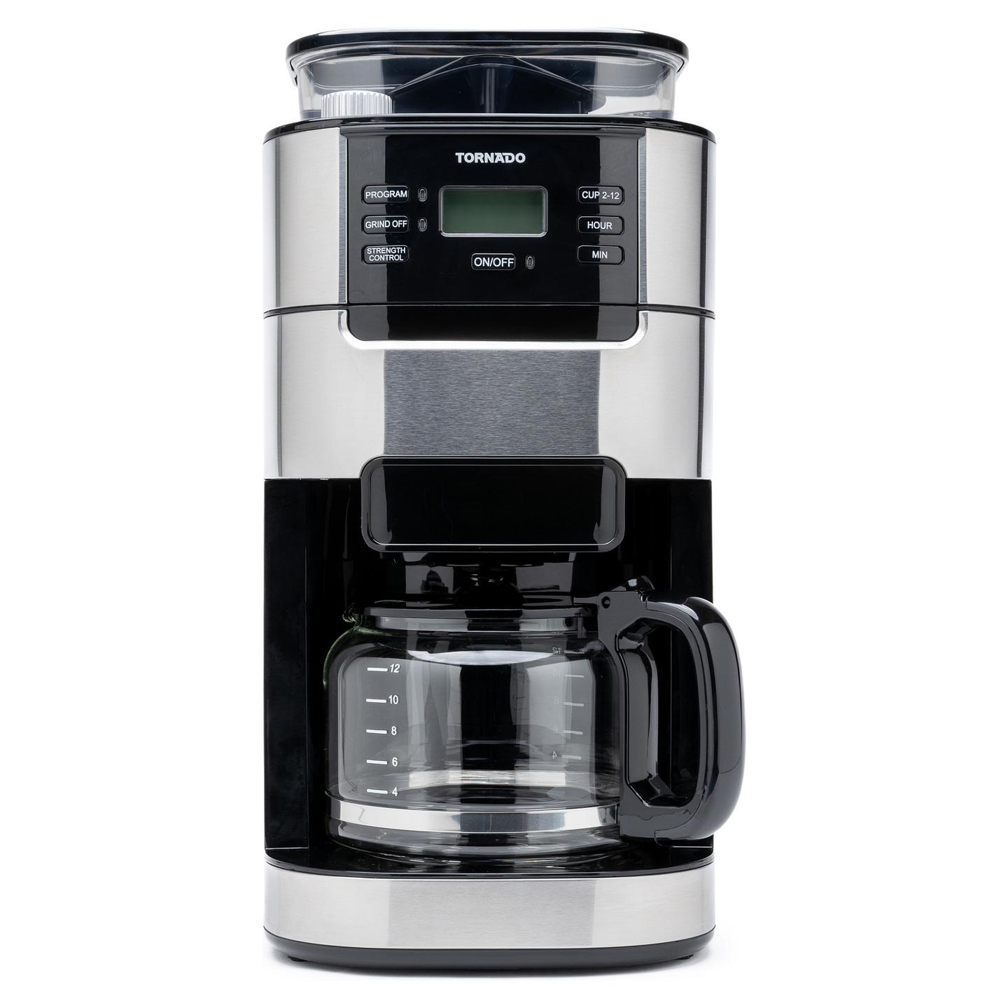 Aparat për Kafe me Filtër TORNADO TCM-1025A-GS, Mulli Konik, 1050 W, Rezervuar 1.5 L, 12 Filxhanë – Zezë/Argjend