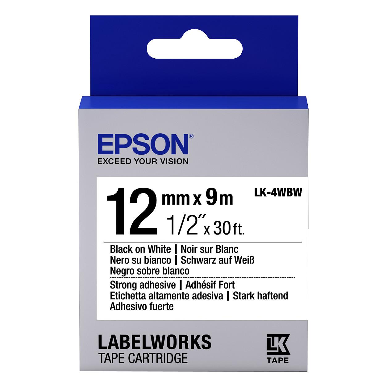 Shirit Etiketash Epson LK-4WBW, 12 mm, 9 m, ngjitje e fortë, tekst i zi në sfond të bardhë - Bardhë