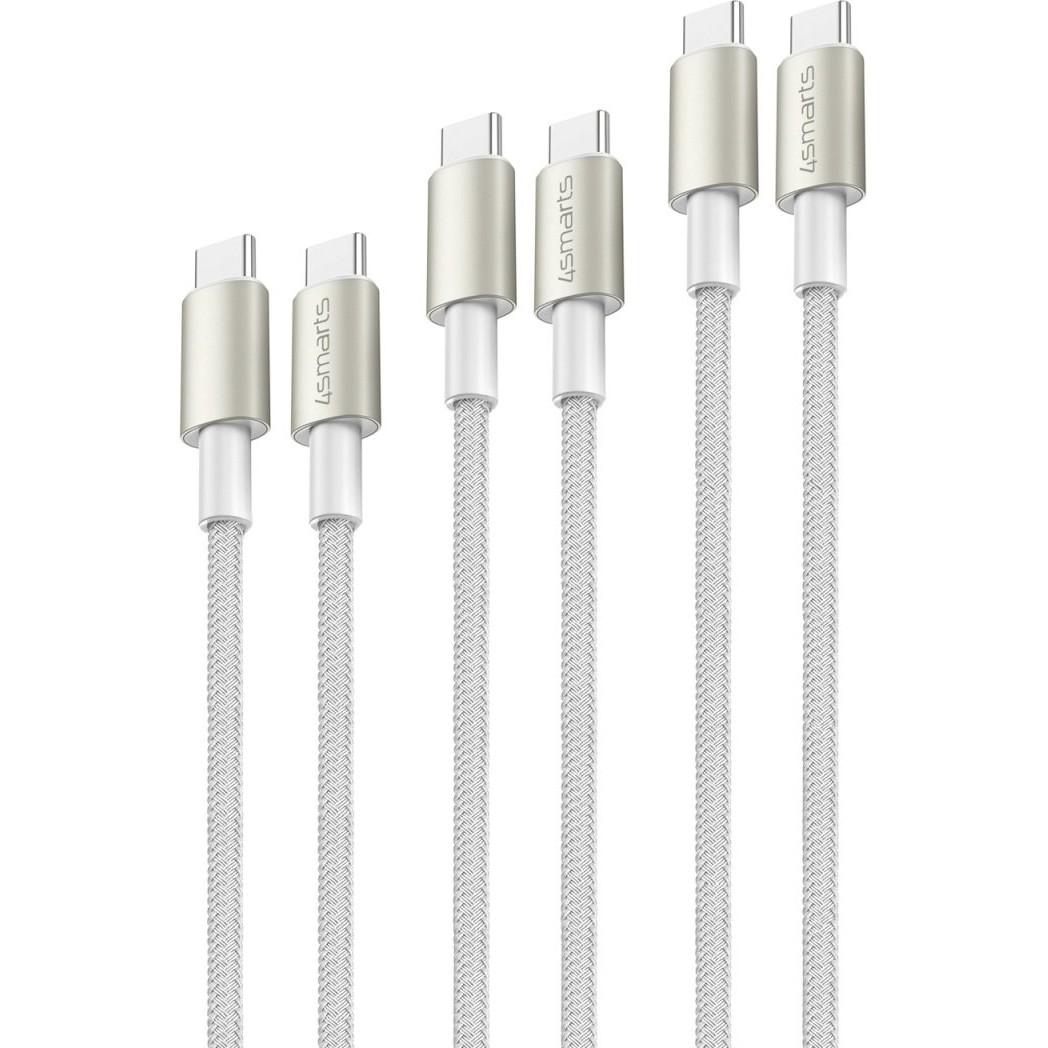 Kabllo USB 4smarts PremiumCord / USB-C / 60W / 0.5 m + 1.5 m + 3 m / Digit Adapter / Koppler - Bardhë/Argjend