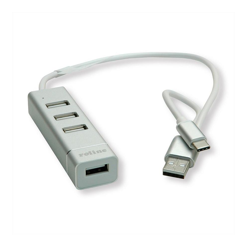 Hub USB 2.0 ROLINE, 4 porta USB-A, kabllo lidhëse USB-A dhe USB-C, 480 Mbps, 0,3 m - Gri 