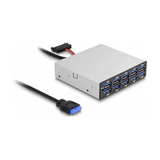 Hub USB DeLOCK 64208, 10x USB Type-A Femër, USB 5 Gbps, Panel Frontal 3.5″, SATA 15-Pin, Kabllo 54 cm – Zezë