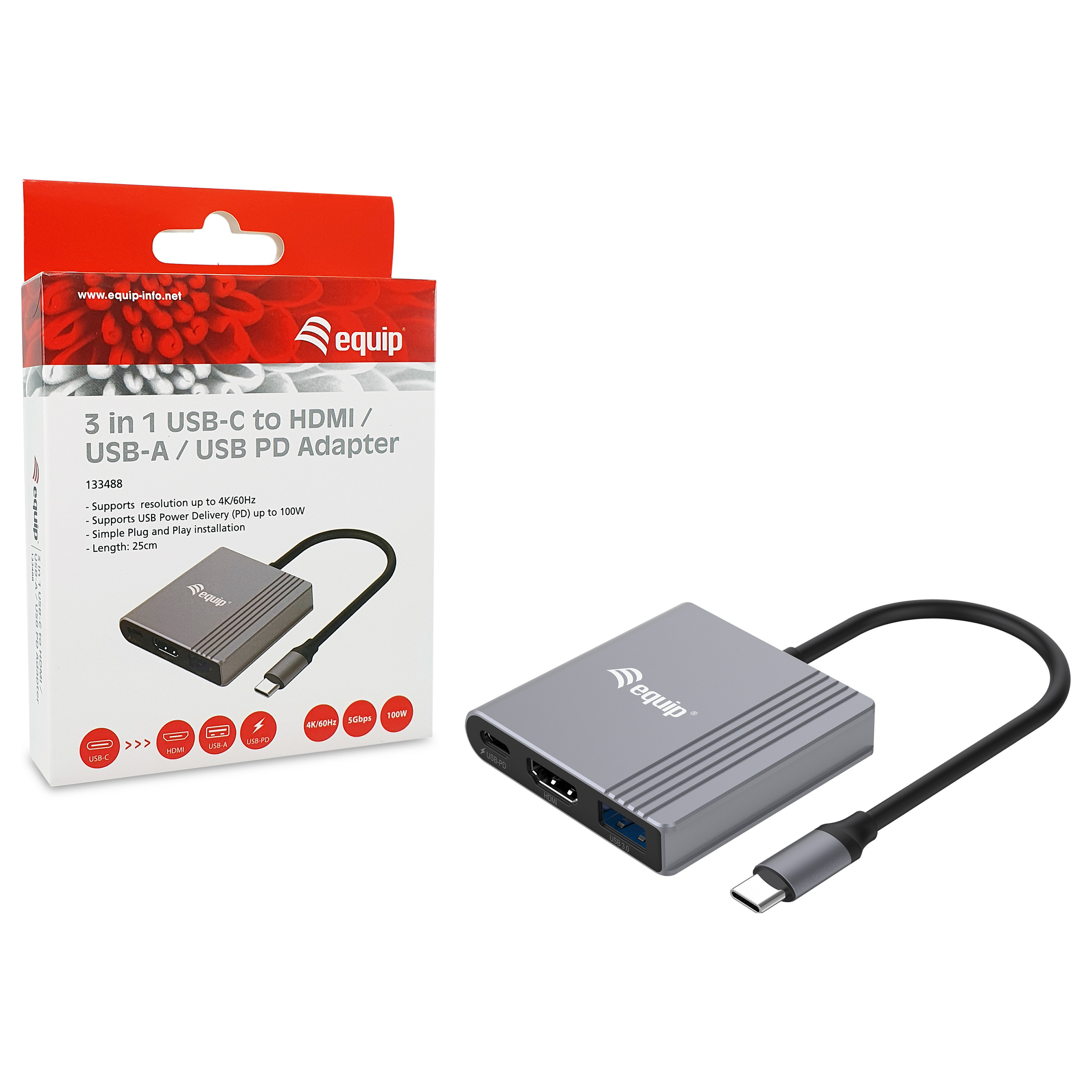 Docking Station Equip USB-C / HDMI / USB-A / 100W PD / Kabllo 25cm - Hiri - 7