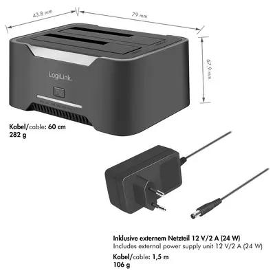Këllëf për Disqe LogiLink QP0036, 2-Bay, SATA HDD/SSD 2.5", 3.5", USB-C 3.2 Gen 1, RGB – Zezë - 2