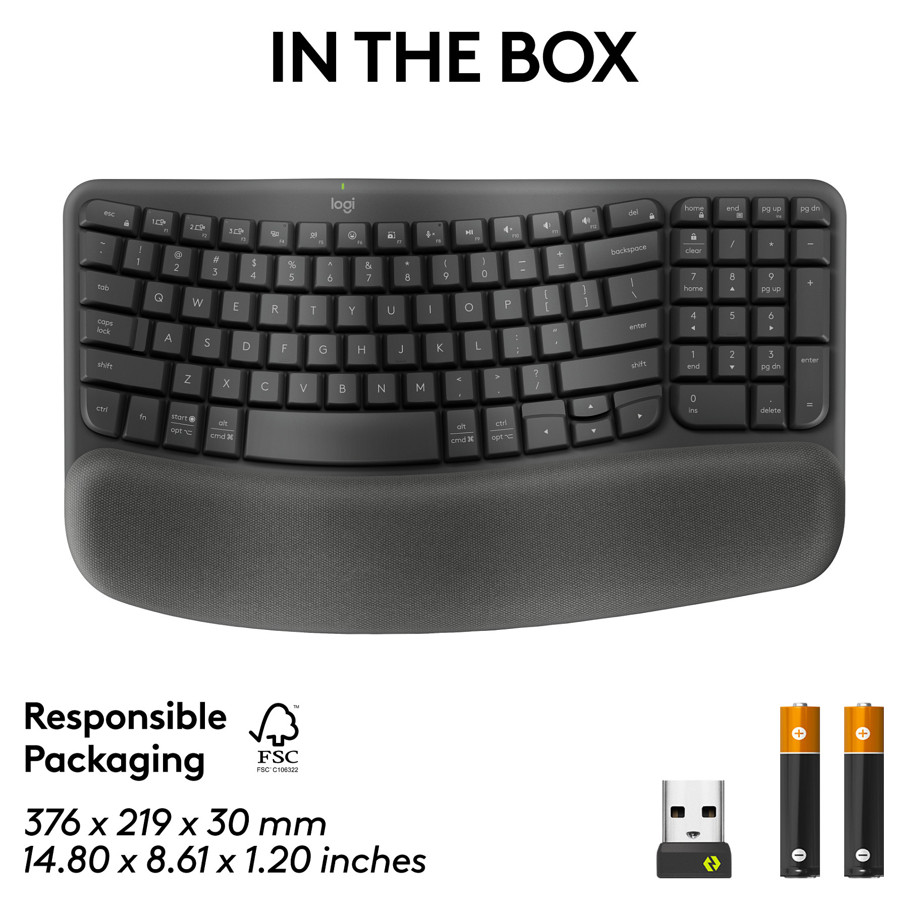 Tastierë Pa kabllo Logitech ERGO Wave Keys / Full-Size / Ergonomike / Membrane / Bluetooth + 2.4 GHz / QWERTY US - Zezë - 11