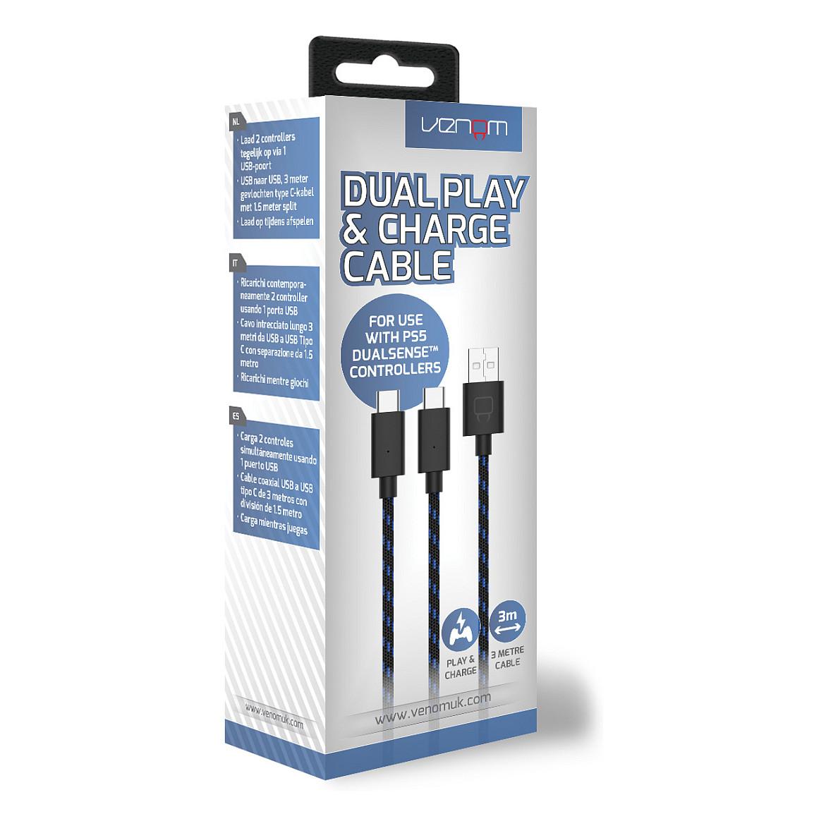 Aksesorë për Konsolë Venom VS5002 / PlayStation 5 / Dual Play & Charge Cable / USB-A në 2x USB-C / 3 m – Zezë/Blu - 3