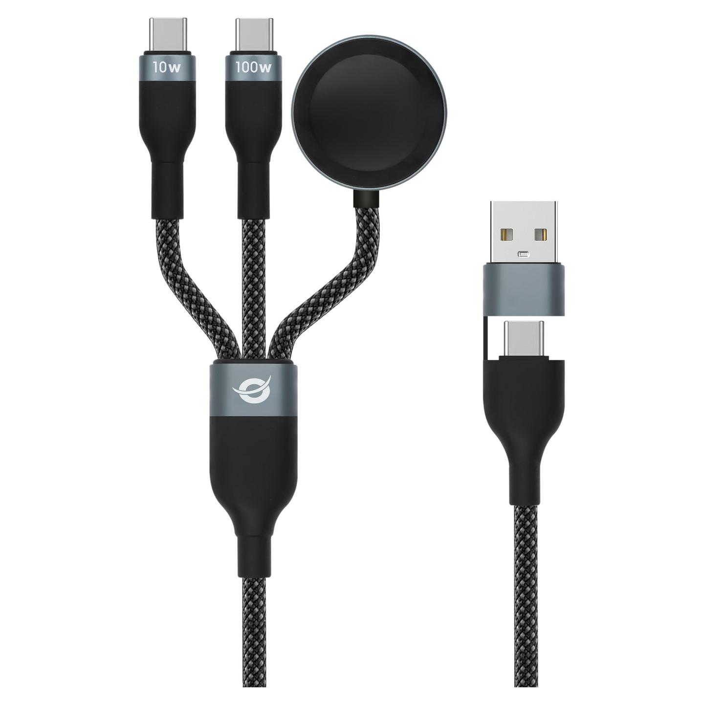 Kabllo USB Conceptronic ETTA08B15 / USB-A në 2x USB-C / USB 2.0 / 480 Mbit/s / 100W / 5A / E-Mark / Karikues për Apple Watch / 1.5m - Zezë