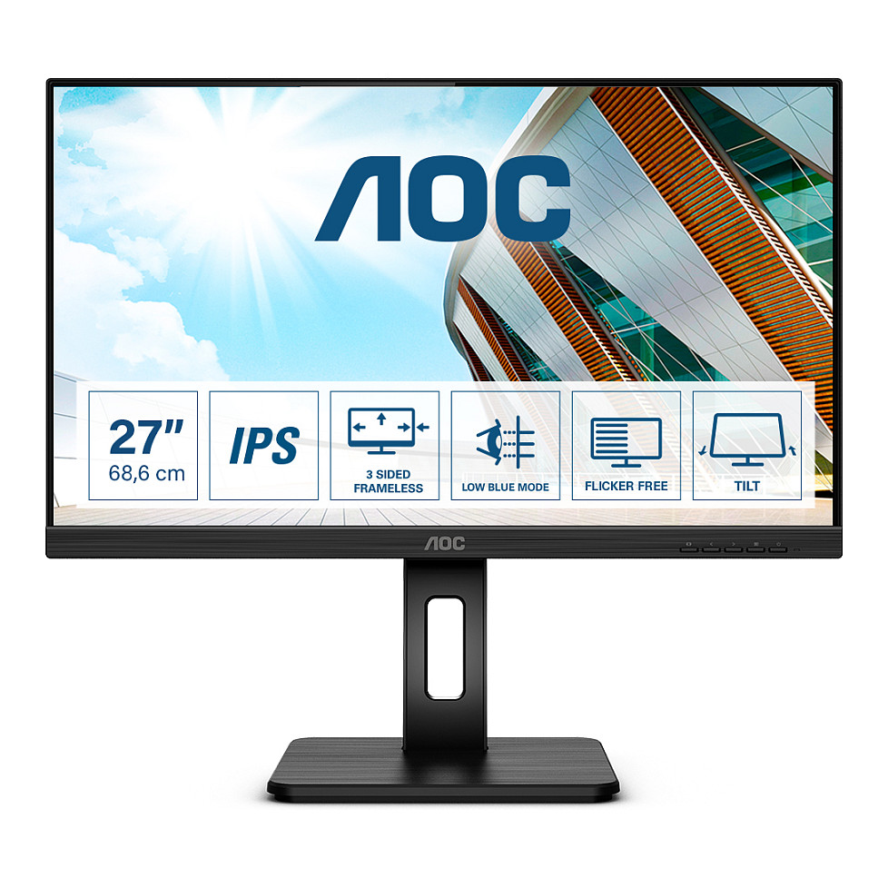 MonitoR AOC 68.6cm/27" (1920 x 1080) 27P2Q Full HD 4ms IPS HDMI VGA DVI DP USB 16:9 Black - 1
