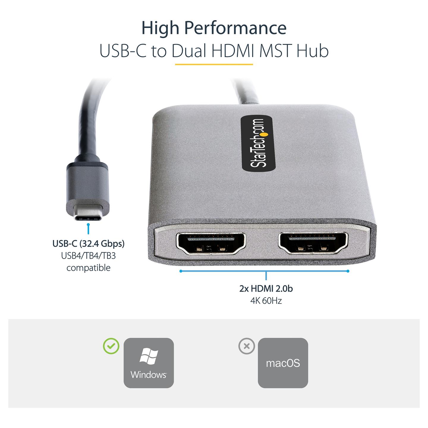 Adapter Grafik StarTech.com MST14CD122HD, USB-C në 2x HDMI, 4K 60Hz, MST, HDR, kabllo 30cm - Gri/Zezë - 11