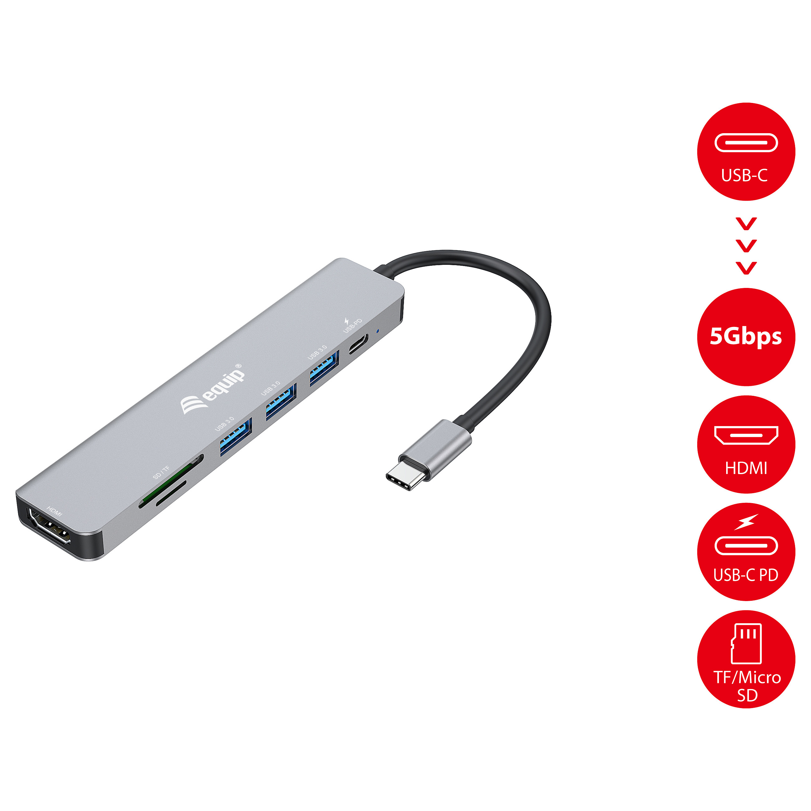 Docking Station Equip USB-C / HDMI / 3x USB 3.0 / SD & TF / 100W PD / Kabllo 25cm - Hiri - 5