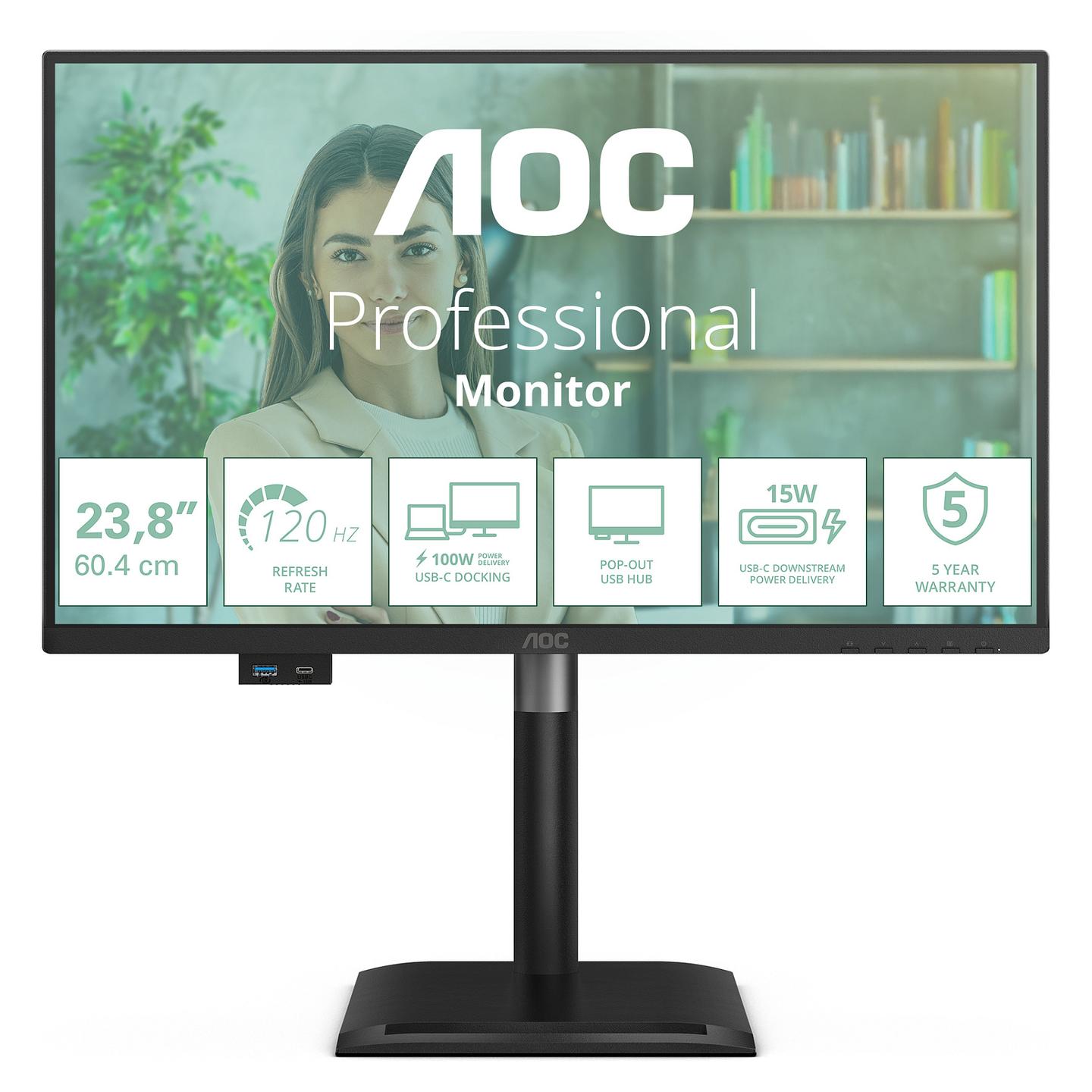 Monitor AOC 24P4CV, 23.8", FHD IPS, 120Hz, 4ms GTG, HDMI+DP+USB-C+4× USB-A - Zezë - 1