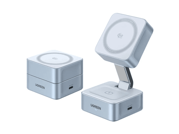 Stacion Karikimi Wireless UGREEN MagFlow W752 / Qi2 / 25 W / 2-në-1 / USB-C 5 W – Blu
