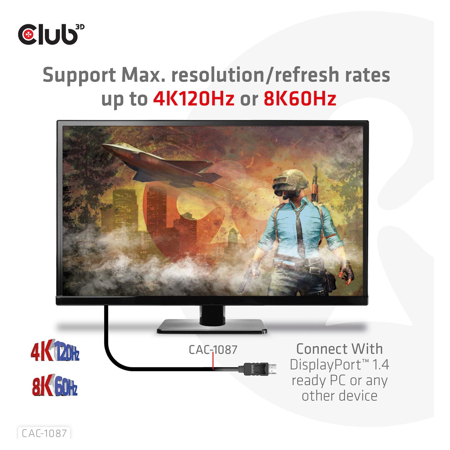 Kabllo DisplayPort Club 3D CAC-1087 / DisplayPort 1.4 në HDMI 2.1 / 3m / 8K 60Hz / 4K 120Hz / HDR10 - Zezë - 7