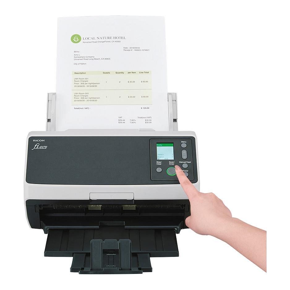 Skaner Ricoh fi-8170 / A4 / Dual CIS / 600 × 600 DPI / Duplex / 70 ppm / 140 ipm / ADF 100 Fletë / 10.000 Fletë/Ditë / USB 3.2 / Ethernet - Gri e errët/Bardhë - 4