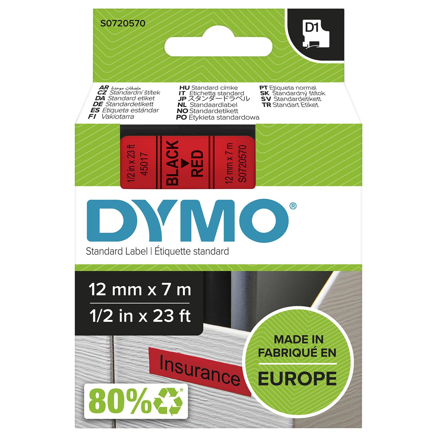 Shirit për Etiketa DYMO D1 Standard S0720570, 12mm, 7m, Tekst i Zi mbi të Kuqe - 1