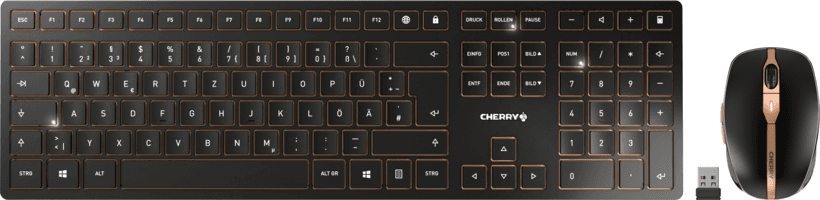Combo (Tastierë & Maus) CHERRY DW 9100 SLIM, Wireless 2.4GHz + Bluetooth, AZERTY BE, 105 + 6 Taste, Rikarikueshëm - Zezë, Bronzë