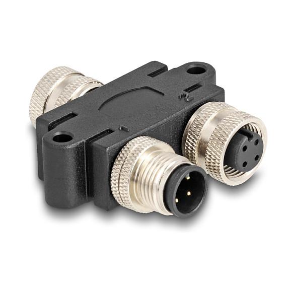 Splitter Y DeLOCK 60581, M12 A-koduar, 4-pin, 1x Femër në 1x Mashkull dhe 1x Femër, IP67 - Zezë
