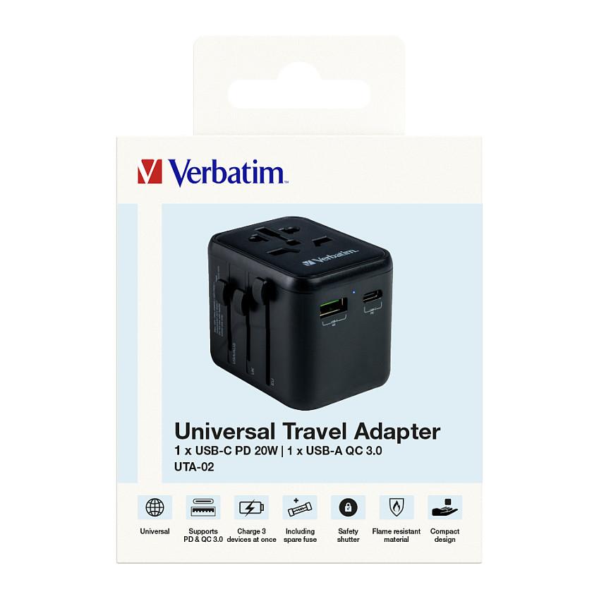 Adapter Verbatim 49544, Universal Udhëtimi, USB-C PD 20W, USB-A QC 3.0 18W, 100–250V - Zezë - 8