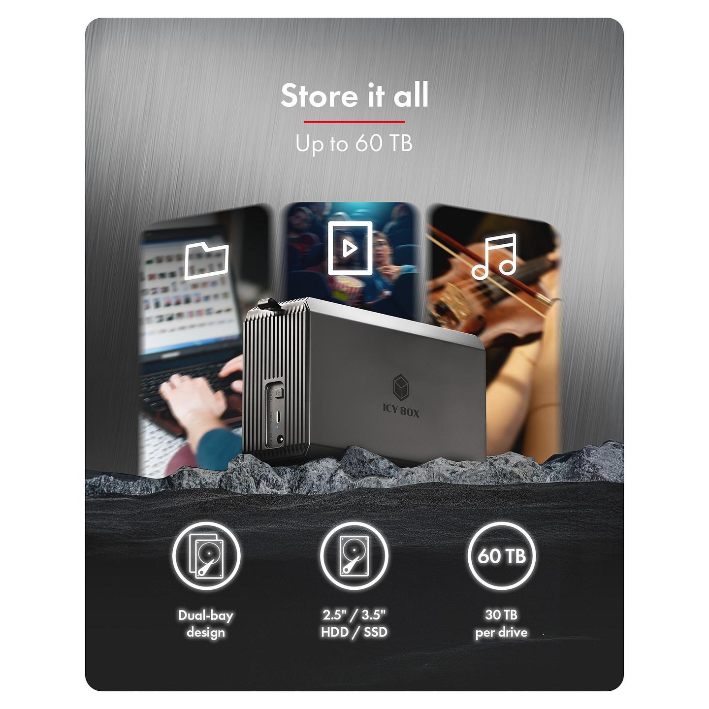 Këllëf për Disqe ICY BOX IB-RD3720-CU3 / 2.5"/3.5" / SATA II/III / RAID 0,1 / 5Gbps / USB Type-C - Zezë - 2