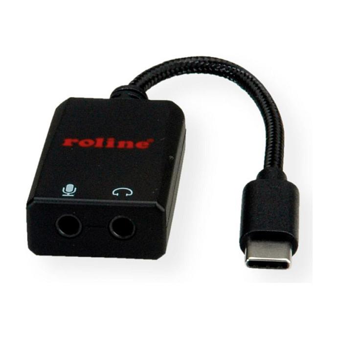 Adapter Audio ROLINE 12.03.3209 , USB-C Mashkull në 2x 3.5mm Femër , Kufje dhe Mikrofon , 13cm - Zezë - 4