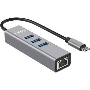 Hub USB-C ROLINE 12.02.1127, 3x USB-A 3.2 Gen 1, 5 Gbps, Gigabit Ethernet RJ45, Kabllo 10 cm, Korpus Alumini – Argjend