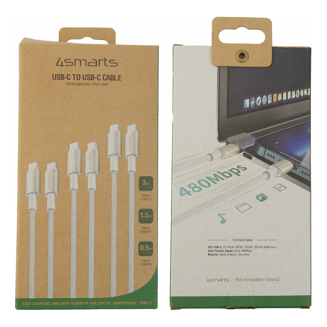 Aksesorë për telefon 4smarts USB-C në USB-C cable PremiumCord / 60W / 3er Set – Bardhë / Argjendi - 2