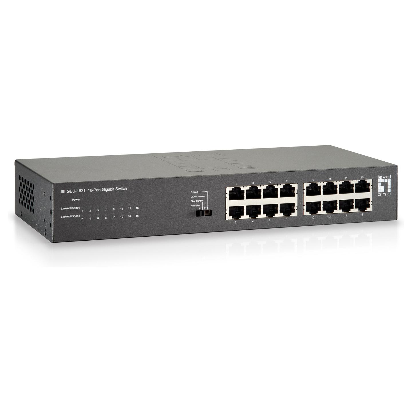 Switch LevelOne GEU-1621, 16× Gigabit Ethernet RJ45, Unmanaged, 32Gbps, Rackmount – Hiri