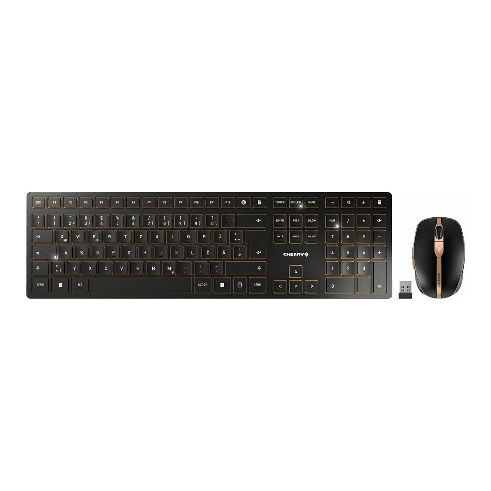 Set tastierë dhe maus pa kabllo CHERRY DW 9100 SLIM / Full Size / Scissor / Dual Mode / QWERTY Italisht – Zezë/Bronz 
