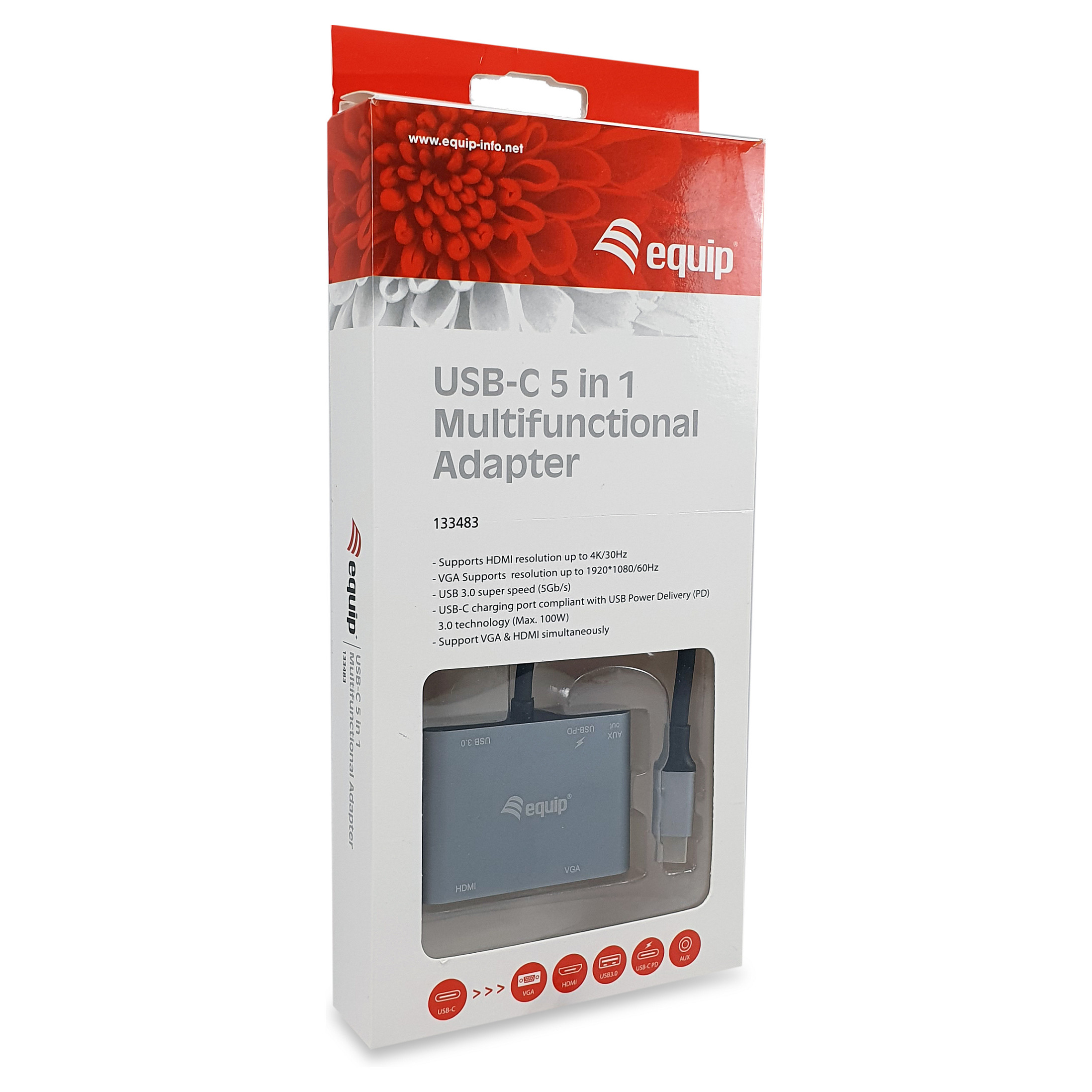 Docking Station Equip USB-C / HDMI / VGA / USB 3.0 / AUX / 100W PD / Kabllo 15cm - Zezë - 4