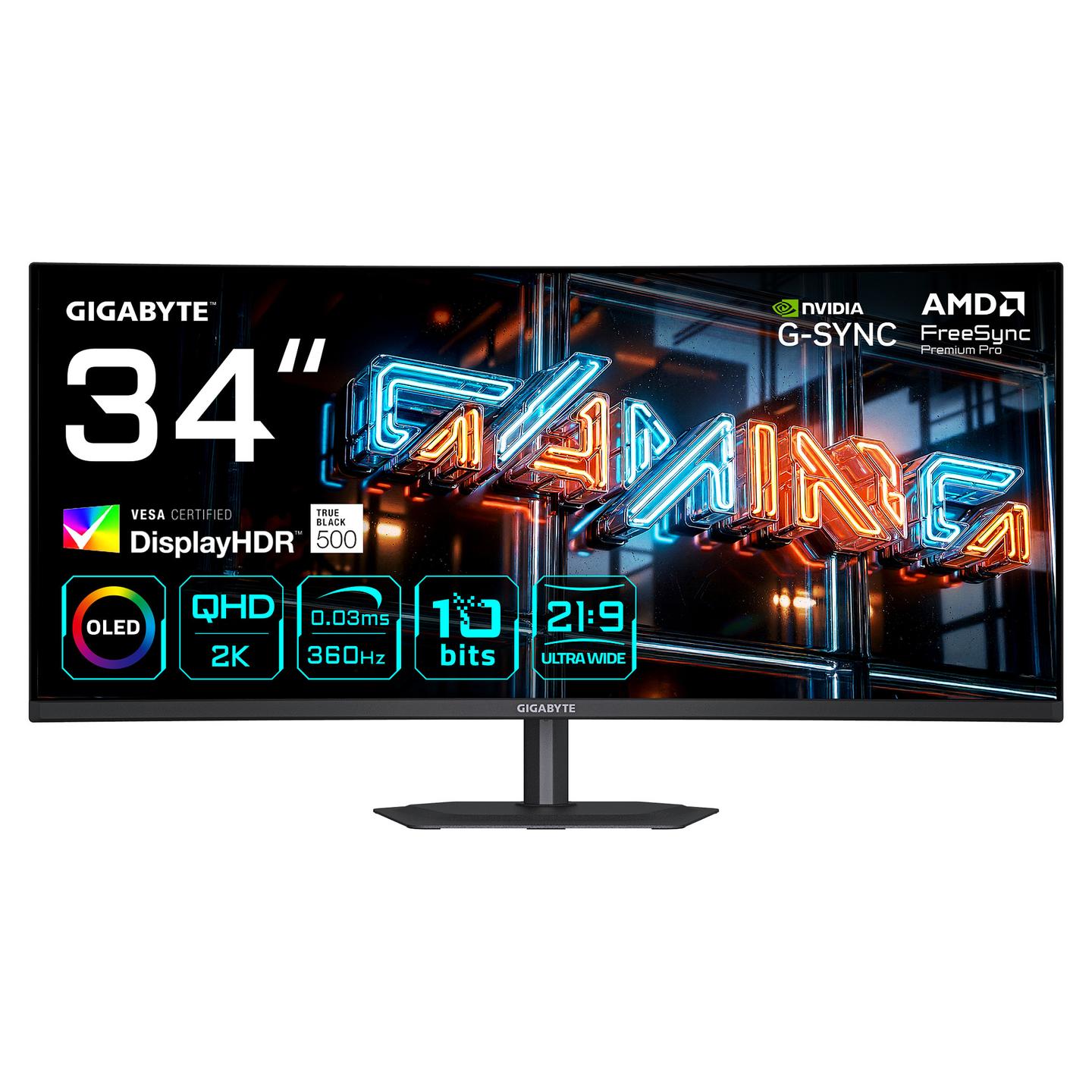 Monitor Gaming Gigabyte MO34WQC36 / 34" / UWQHD QD-OLED Curved / 360Hz / 0.03ms / HDMI+DP+USB-C - Zezë