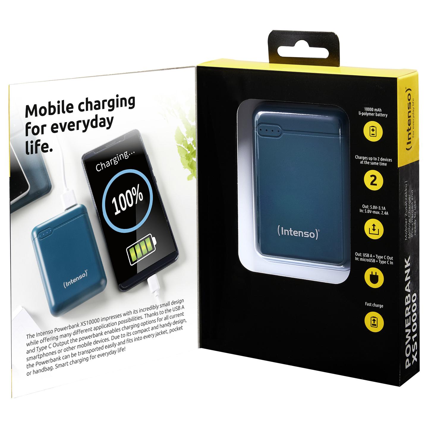 Powerbank Intenso XS10000 / 10000mAh / Lithium-Polymer / USB-A + USB-C / Micro-USB + USB-C / 5V/3.1A - Blu - 3
