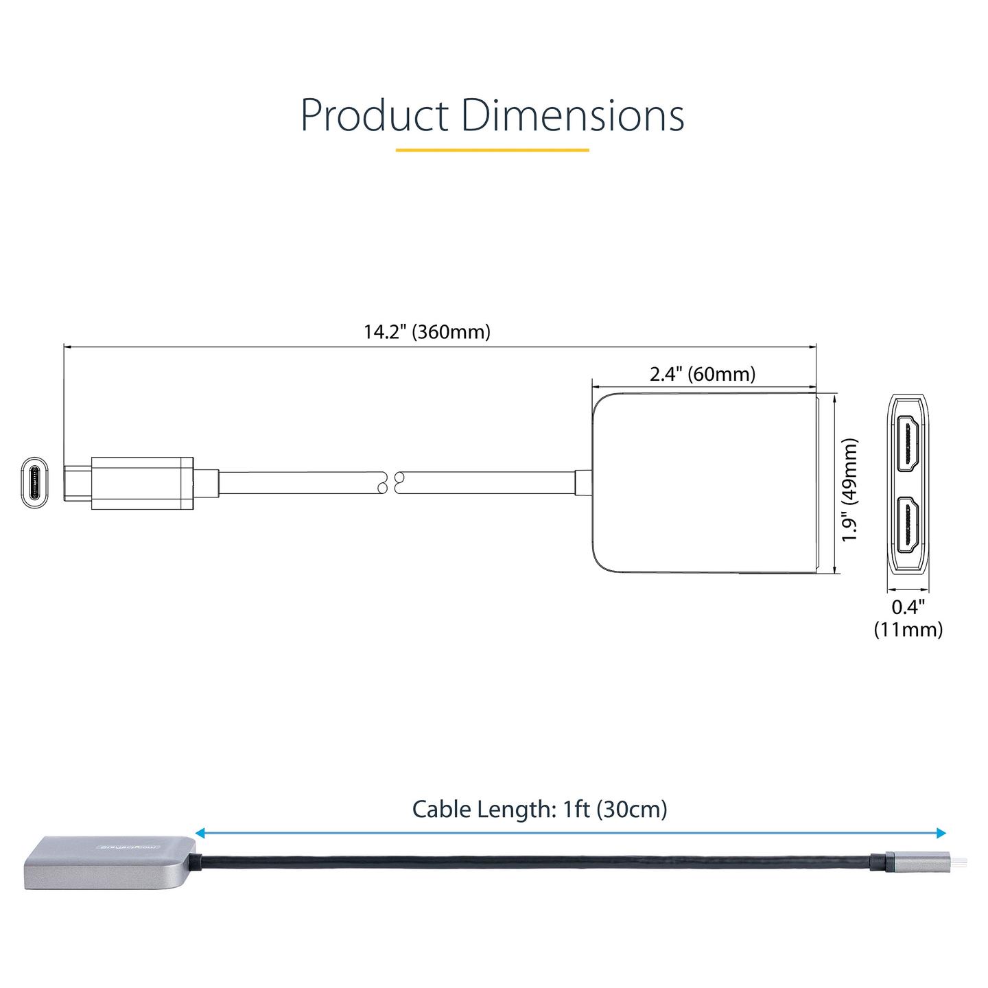 Adapter Grafik StarTech.com MST14CD122HD, USB-C në 2x HDMI, 4K 60Hz, MST, HDR, kabllo 30cm - Gri/Zezë - 12