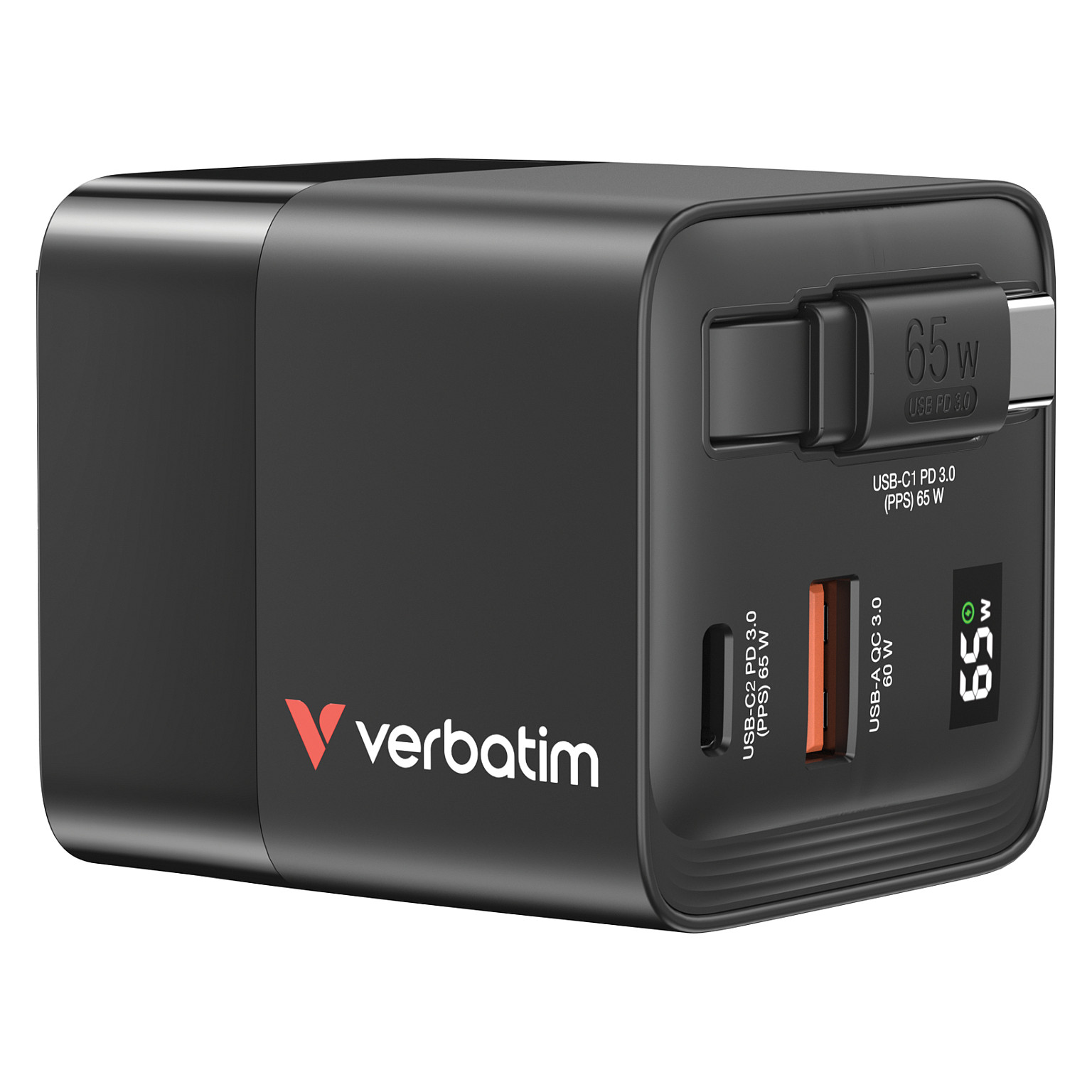 Adapter Verbatim GaN 65W / 2-Port USB-C/USB-A / with integrated cable / EU / UK / US - 1
