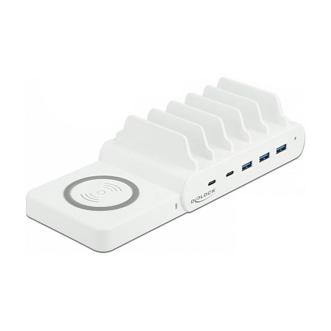 Karikues USB DeLOCK 41450, 2 × USB-C PD, 3 × USB-A, karikim pa kabllo deri në 15 W, fuqi totale 110 W - Bardhë
