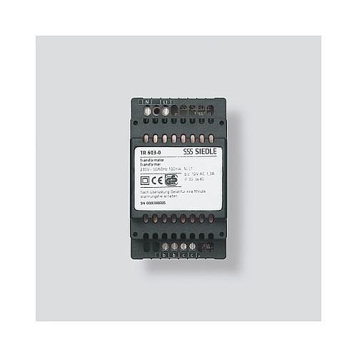 Transformator Siedle TR 603-0, hyrje 230 V AC, dalje 12 V AC, rrymë dalëse deri në 1.3 A, mbrojtje termike, montim në panel elektrik - Zezë