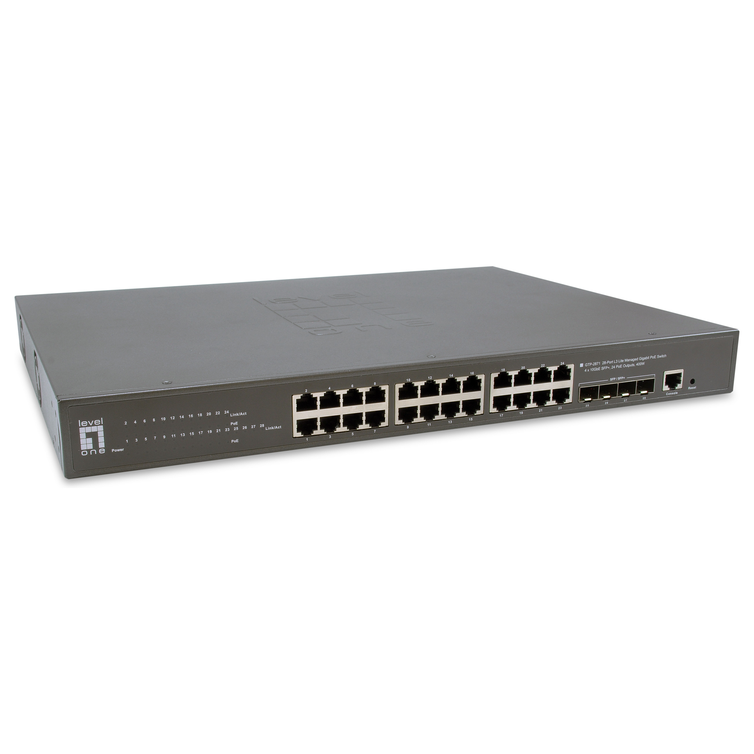 LevelOne GTP-2871 28-Port L3 Lite Managed Gigabit PoE Switch, 24-Port PoE+, 400W Budget, 4x 10G SFP+ Uplink - 1