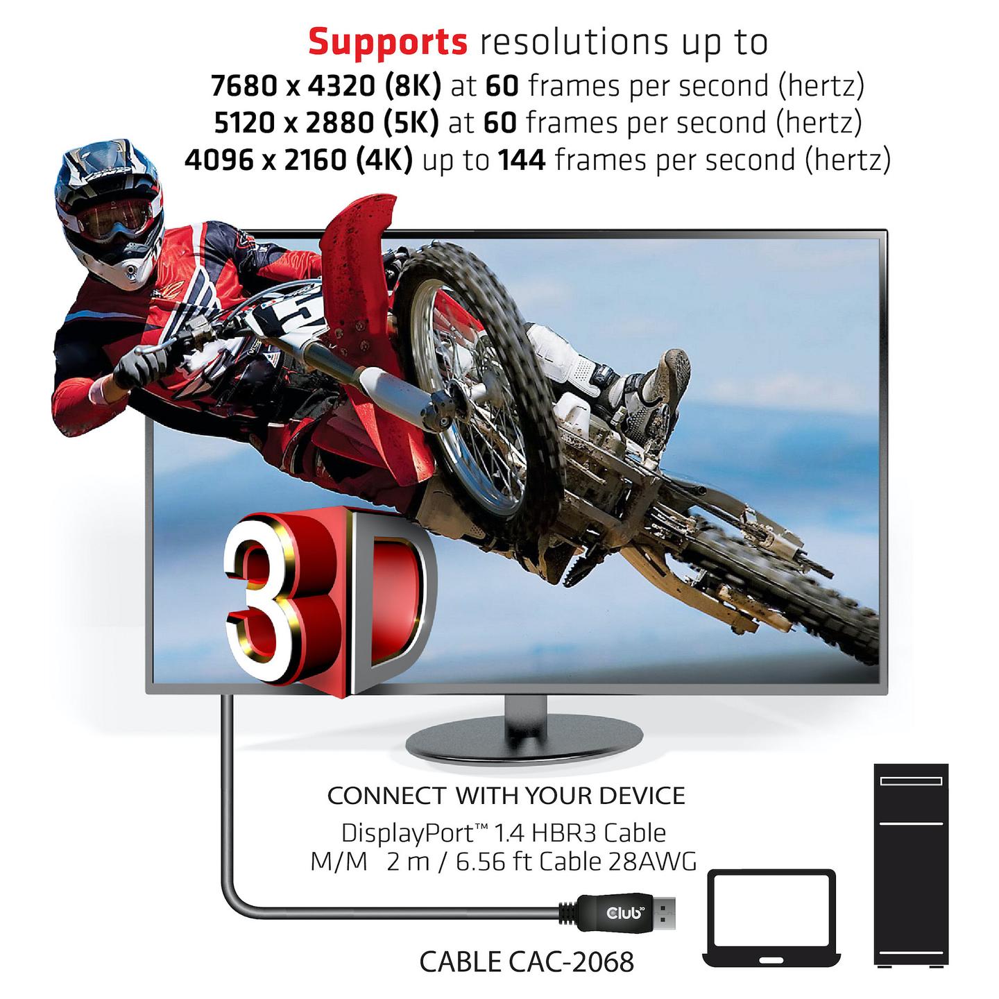 Kabllo DisplayPort Club 3D CAC-2068 / DisplayPort 1.4 / HBR3 / 2m / 8K 60Hz / VESA Certified - Zezë - 9