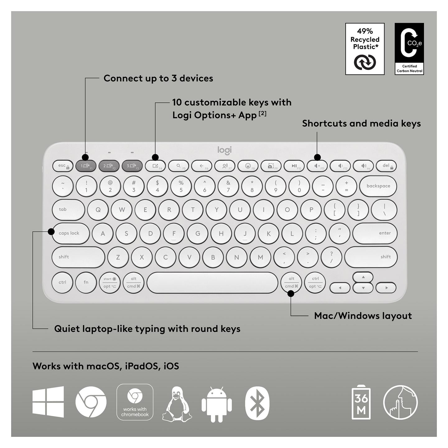 Tastierë pa kabllo Logitech Pebble Keys 2 K380s, Bluetooth, 10 Taste të Personalizueshme - Bardhë - 15