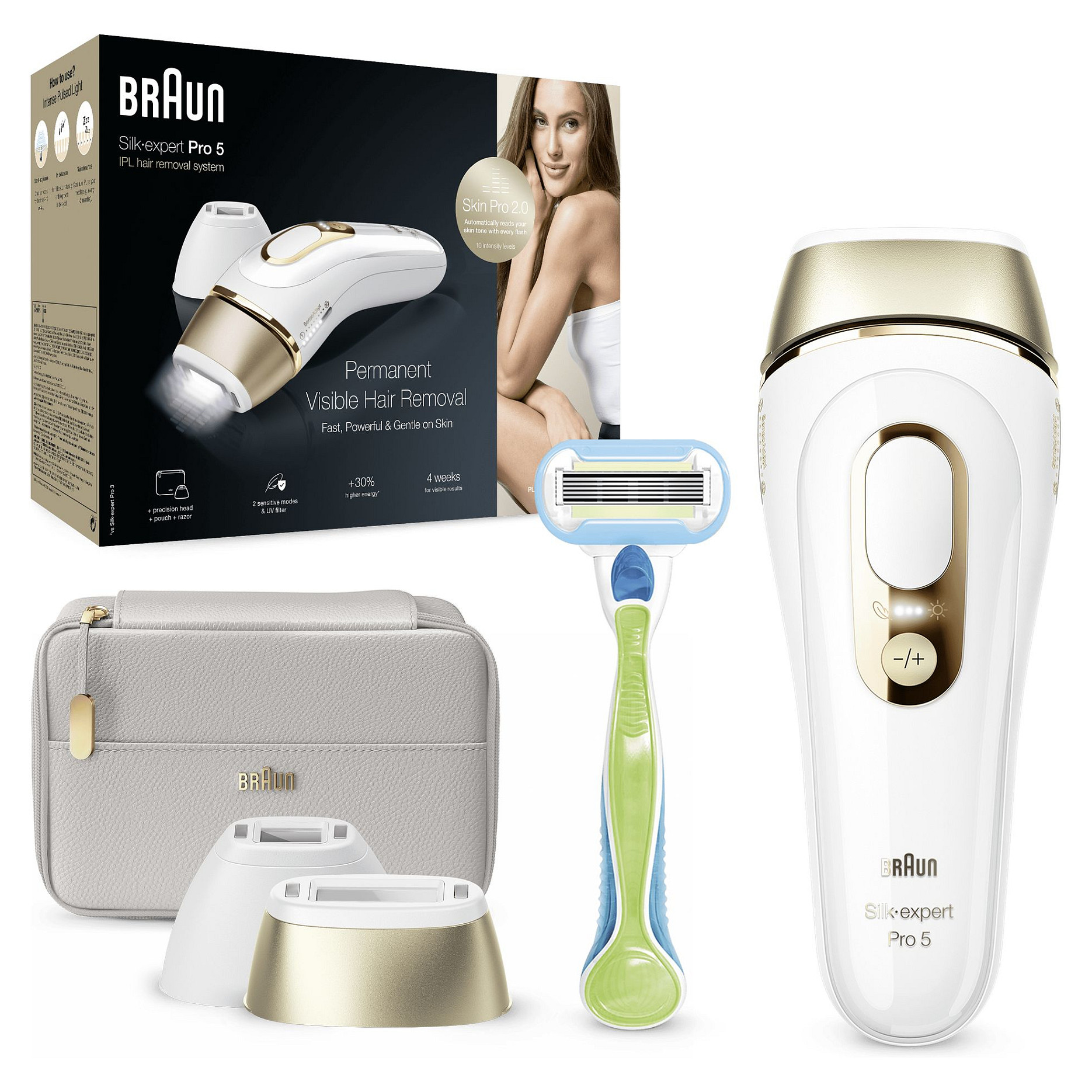 Depilator IPL Braun Silk-expert Pro 5 PL5154 / SkinPro 2.0 / SensoAdapt / 10 Nivele / 125 Flashe/Min / Trup & Fytyrë – Bardhë/Gold