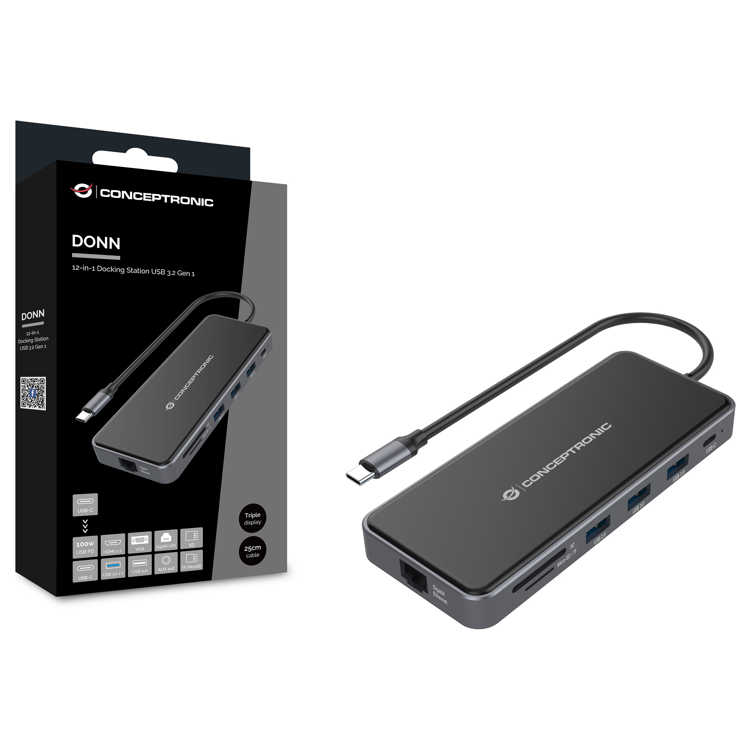 Docking Station CONCEPTRONIC 12-në-1 USB-C në 2xHDMI/3xUSB-A/AUX - Hiri - 2