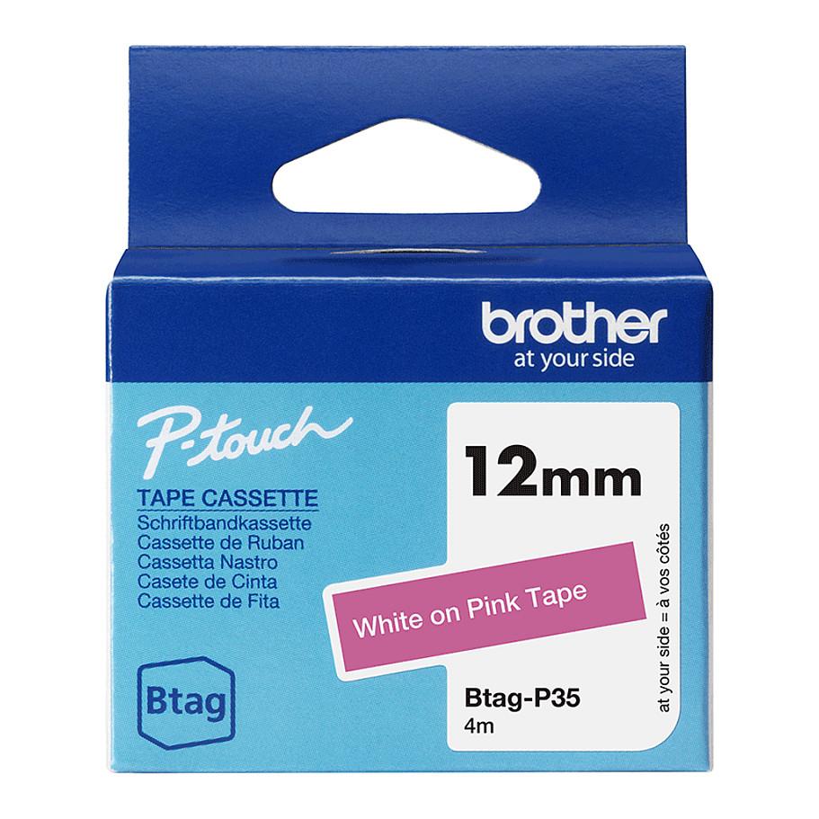 Shirit Etiketash Brother Btag-P35, 12 mm × 4 m, Pa Laminim, Shkrim i Bardhë në Sfond Rozë