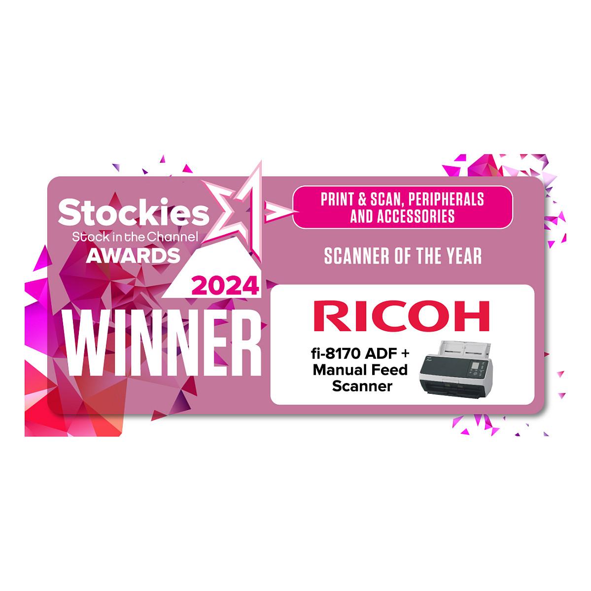 Skaner Ricoh fi-8170 / A4 / Dual CIS / 600 × 600 DPI / Duplex / 70 ppm / 140 ipm / ADF 100 Fletë / 10.000 Fletë/Ditë / USB 3.2 / Ethernet - Gri e errët/Bardhë - 8