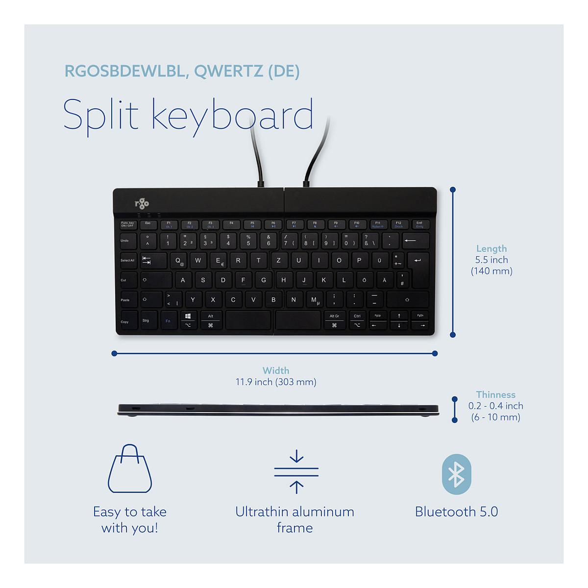 Tastierë pa kabllo R-Go Tools R-Go Split Break / QWERTZ (DE) / Mini / Ergonomike / Scissor / Bluetooth 5.0 / 2.4 GHz / 2 Pjesë – Zezë - 14
