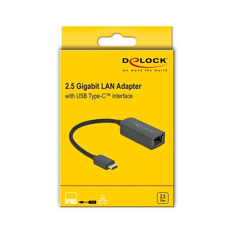 Adapter Rrjeti DeLOCK 66645, USB-C Mashkull në RJ45 Femër, 2.5 Gigabit LAN, USB 5Gbps, Realtek RTL8156, 14cm - Zezë - 2