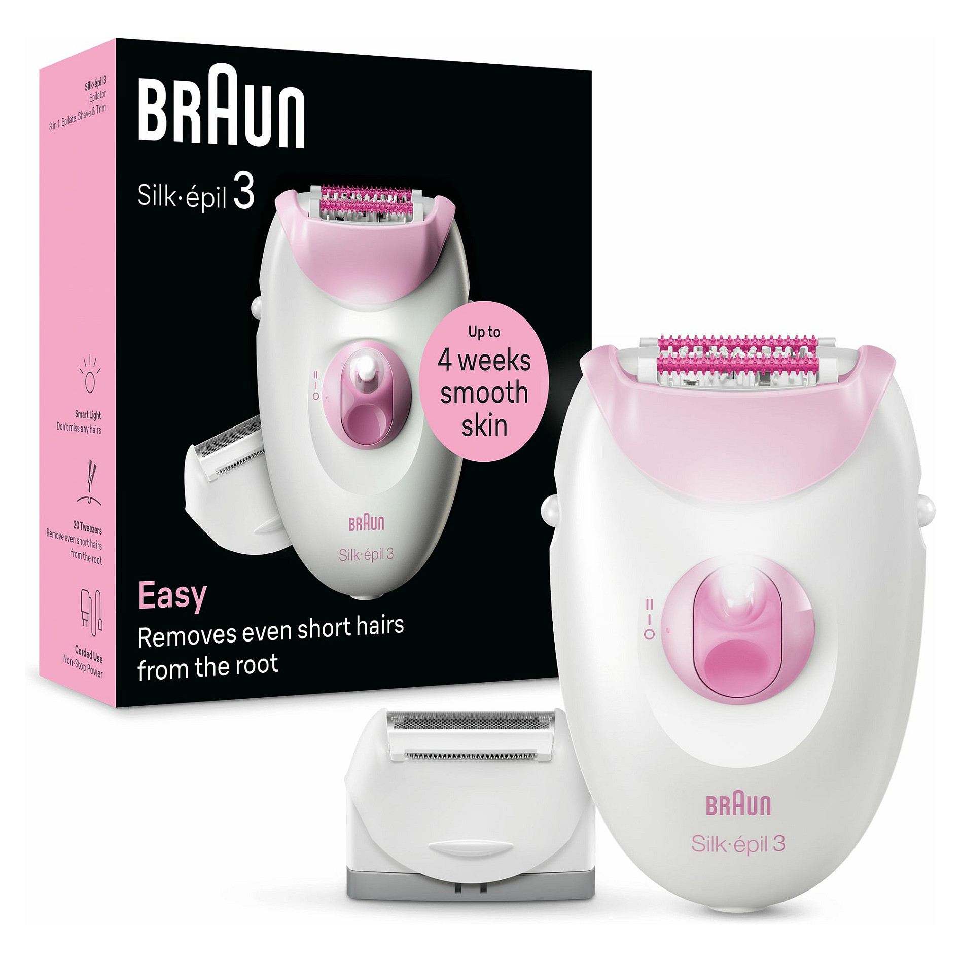 Depilator Braun Silk-épil 3 3-031 / 20 Pinceta / SmartLight / 2 Shpejtësi / Massage Roller – Bardhë/Rozë - 1