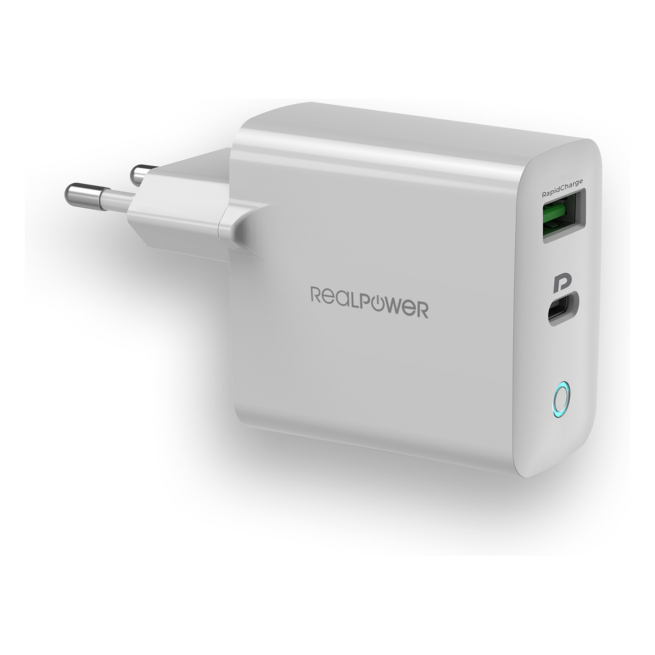 Karikues RealPower PC-20 / 20W / USB-C + USB-A / PD / Karikim i shpejtë – Bardhë