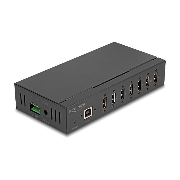 Hub USB Industrial DeLOCK 60687, 7x USB 2.0 Type-A, 480 Mbps, Mbrojtje ESD 15 kV, Montim në Shinë DIN – Zezë