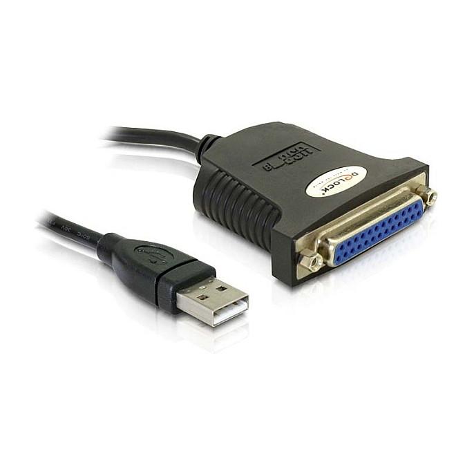 Adapter USB DeLOCK 61330 / USB 1.1 Type-A Mashkull në Parallel DB25 Femër / IEEE 1284 / 0.8 m - Zezë
