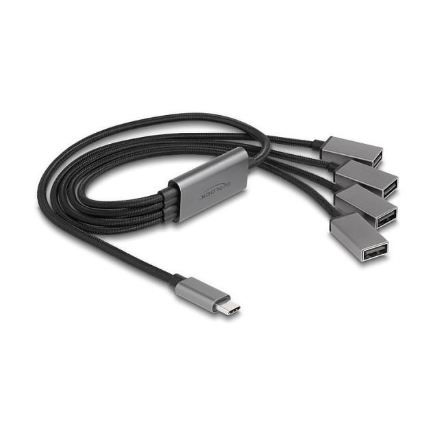 Hub USB DeLOCK 64210, USB 2.0 Type-C mashkull në 4 × USB Type-A femër, 480 Mb/s, 60 cm - Zezë/Hiri