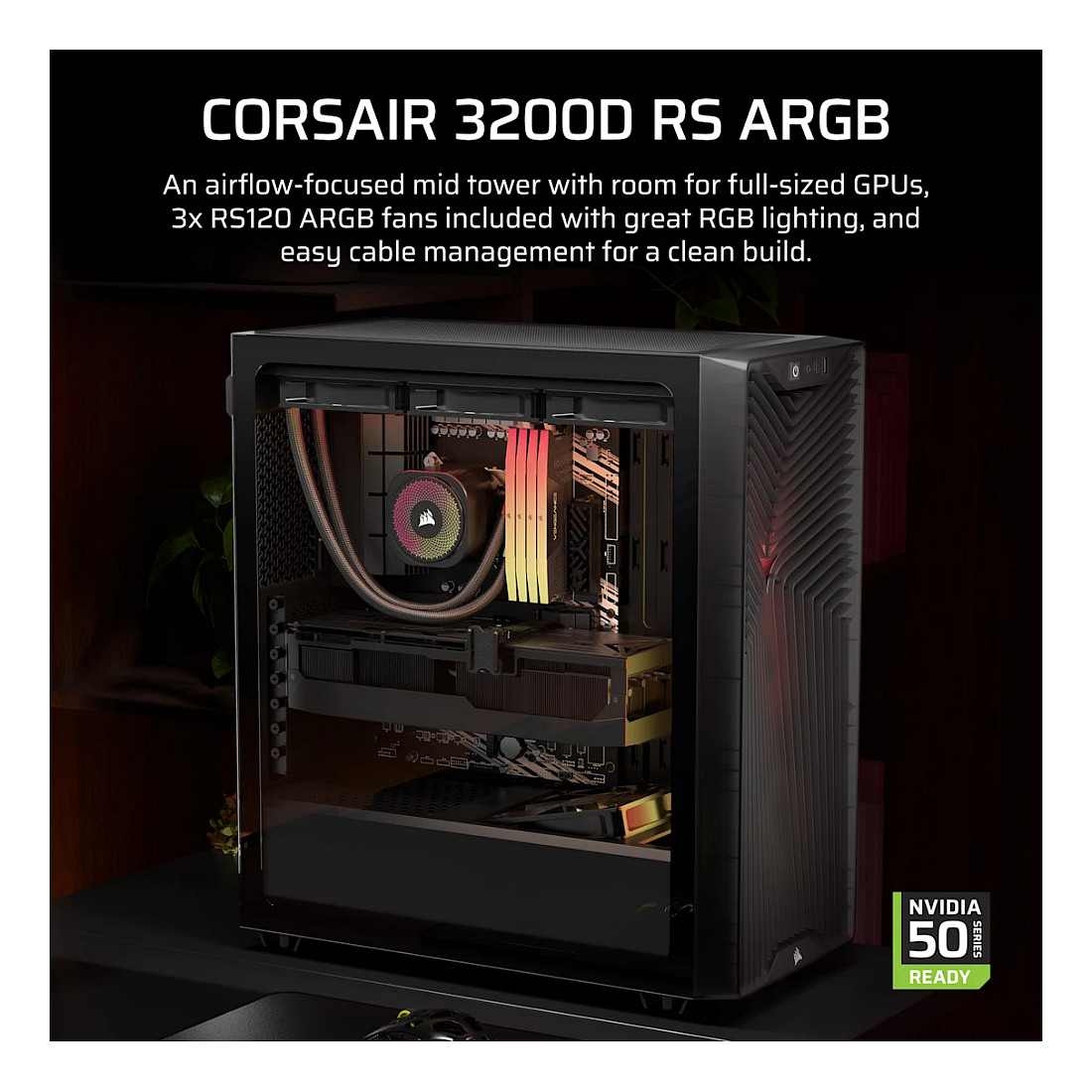 Kasë PC Corsair 3200D RS ARGB / Mid Tower / ATX / 3x 120mm ARGB Fan / Tempered Glass / Mesh / 360mm Radiator - Zezë - 4