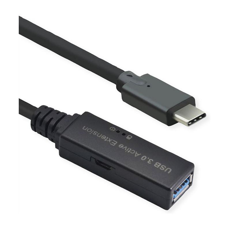 Kabllo USB ROLINE 12.04.1068 , USB-C Mashkull në USB-A Femër , USB 3.2 Gen 1 , 5Gbps , 20m , Zgjatuese Aktive - Zezë 